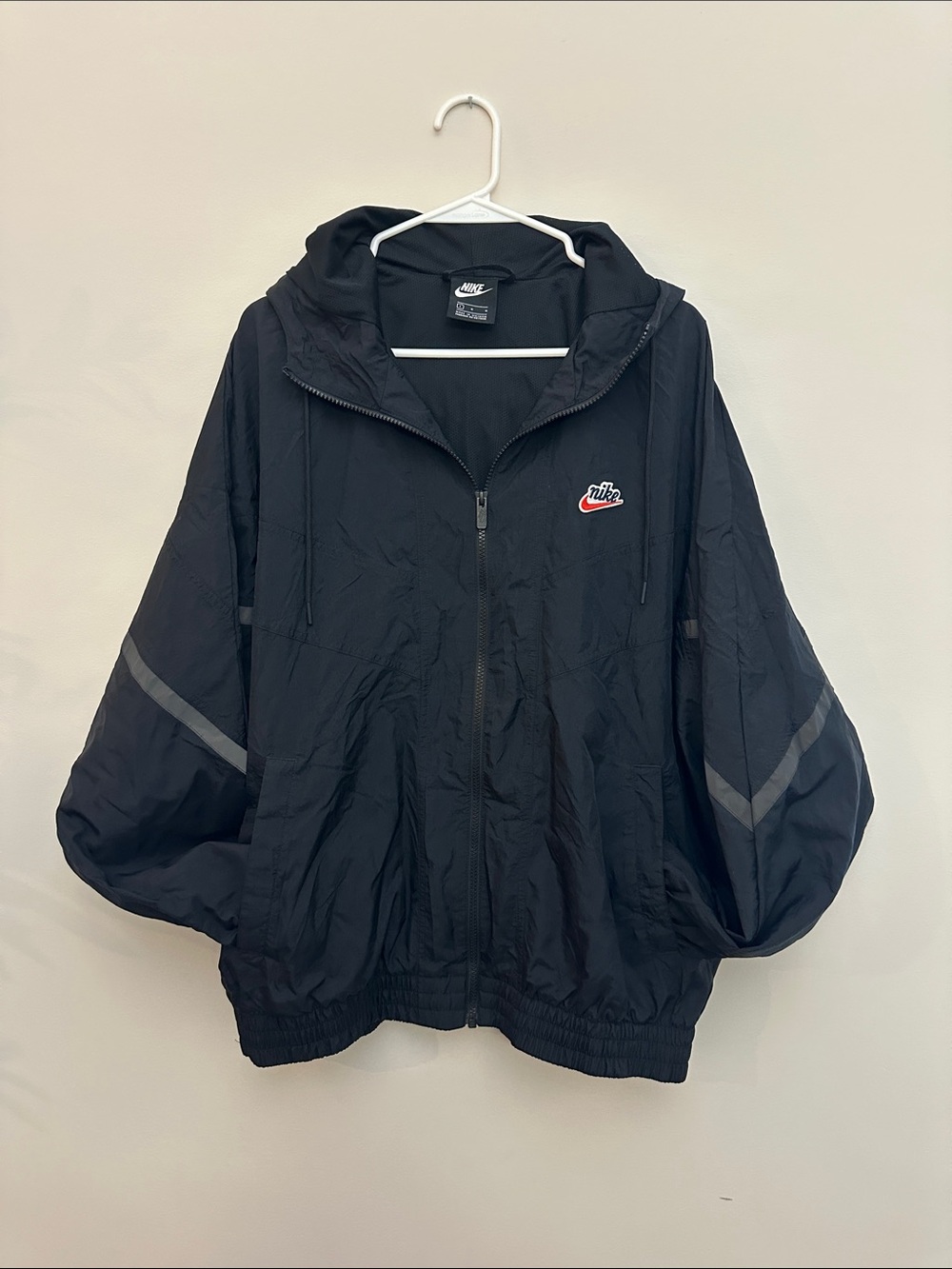 Nike Black Hooded Windbreaker with Gray Stripe Details